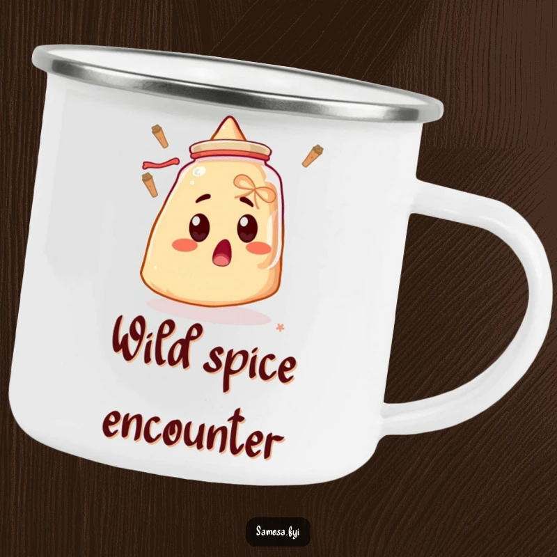Funny camping mug showing a surprised samosa with wide eyes staring at a floating spice jar, perfect for outdoor humor.