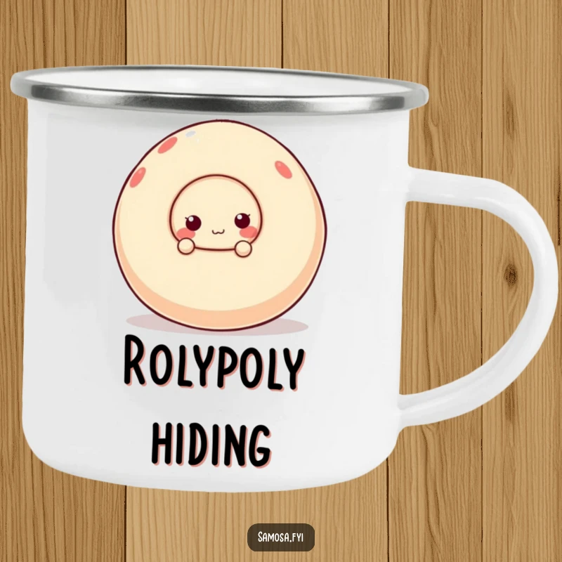 Funny camping mug featuring a cute samosa character peeking behind an enormous, unsteady ball, perfect for rugged fun.
