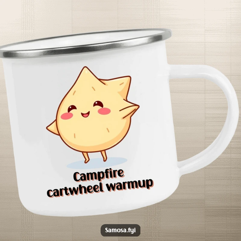 Funny camping mug with a smiling samosa character with tiny legs doing a cartwheel, perfect for outdoor beverages.