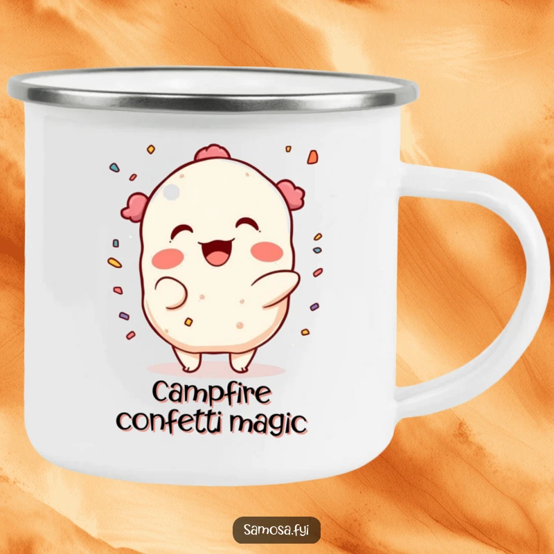 Funny Camping Mug: A samosa character throwing confetti with a mischievous grin, bringing festive celebration to outdoor adventures.