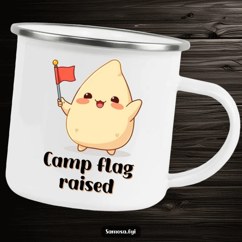 Funny Samosa Flag Camping Mug: A cheerful samosa character energetically waving a small flag, ready for outdoor adventures with a festive spirit.