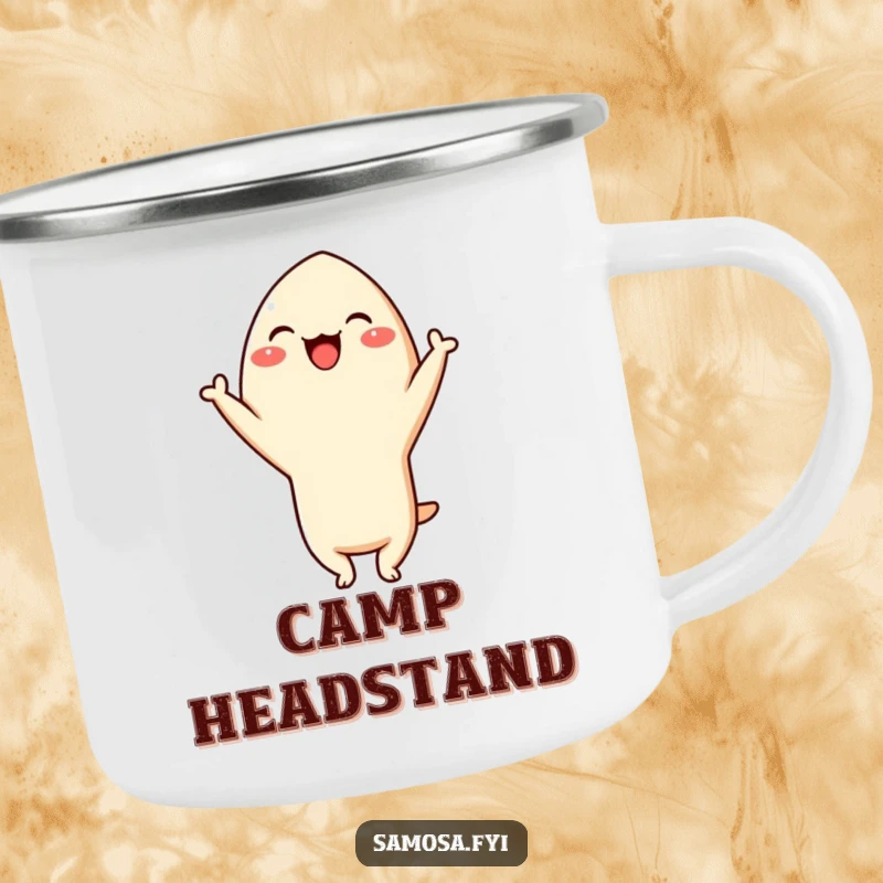 Funny Samosa Headstand Camping Mug: A cheerful samosa character giggling while doing a headstand, ready for outdoor adventures with a playful spirit.