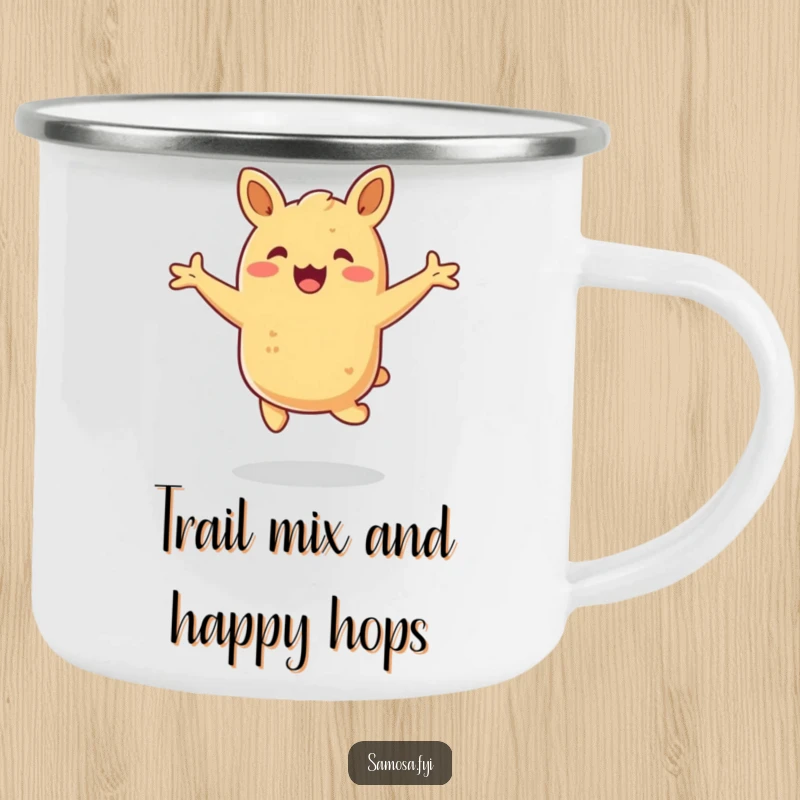Funny samosa camping mug showing a happy pastry hopping with arms outstretched, perfect for a fun outdoor drink.
