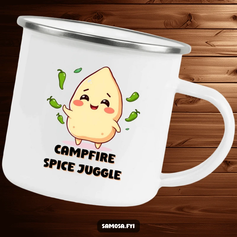 Funny Samosa Juggling Camping Mug: A cheerful samosa character juggling tiny green chili peppers, ready for outdoor adventures with a spicy spirit.