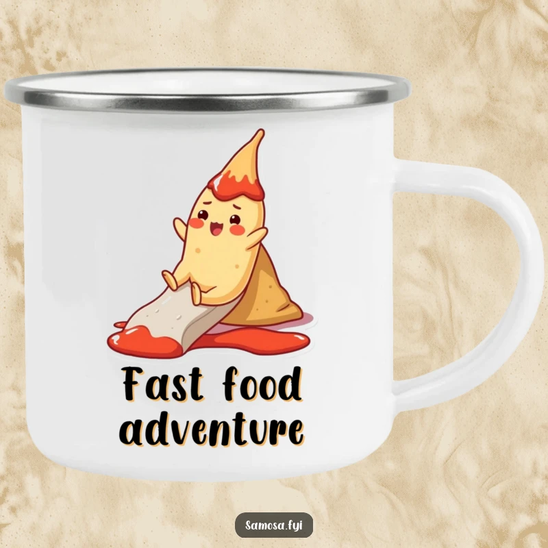 Funny Camping Mug: A cheerful samosa slides down a ketchup slide, a fun mug for outdoor escapades.