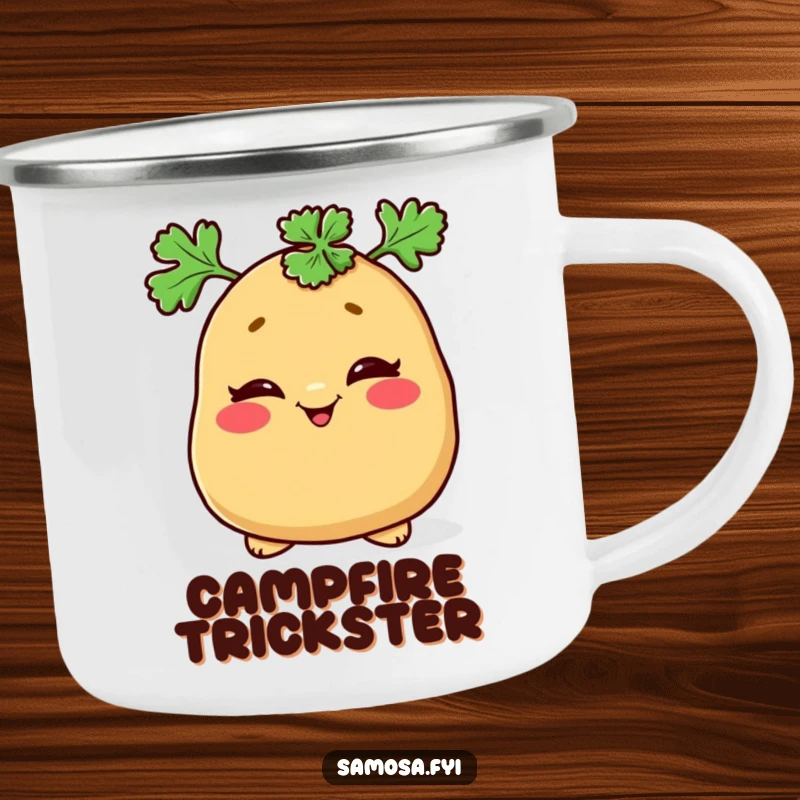 Funny camping mug showing a mischievous samosa winking with a parsley hat, great for outdoor beverages.
