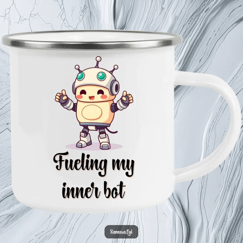 Funny Camping Mug featuring a samosa character doing a stiff, happy robot dance, great for outdoor fun.