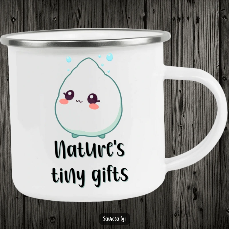Funny Camping Mug showing a samosa character with wide eyes, gazing at a falling sprinkle, ideal for moments of wonder.