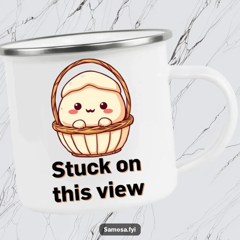 Funny Camping Mug: A samosa character comically stuck in a basket, bringing humorous snack-related fun to outdoor adventures.