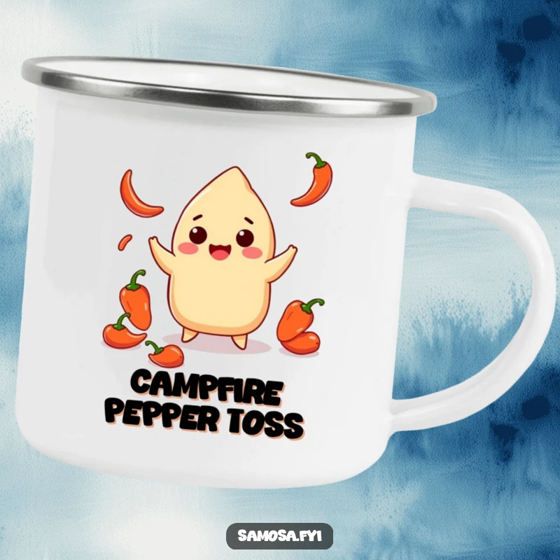 Funny camping mug with a smiling samosa juggling tiny chili peppers, perfect for sipping hot beverages during outdoor excursions.
