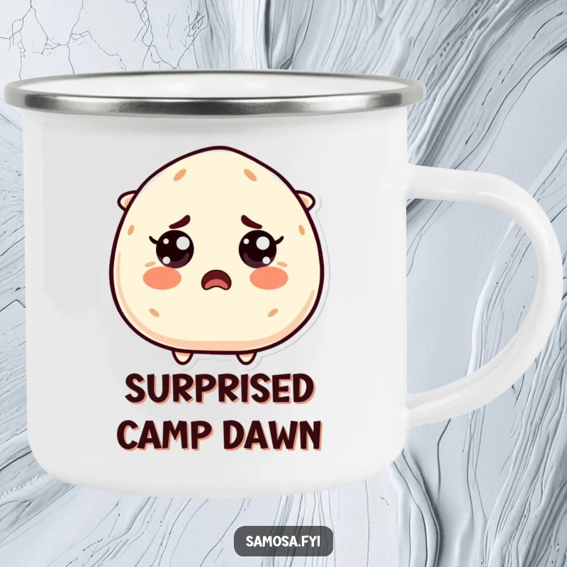 Funny Startled Samosa Camping Mug: A samosa character with wide, surprised eyes, ready for outdoor adventures with a lighthearted, astonished spirit.