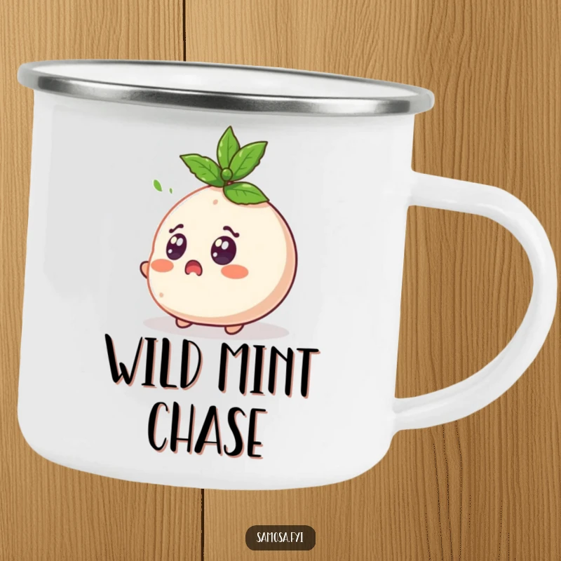 Funny Surprised Samosa Camping Mug shows a samosa character with wide eyes shocked by a flying mint leaf, for outdoor humor.