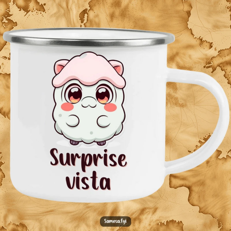 Funny Surprised Samosa Camping Mug featuring a samosa character with wide, expressive eyes, humorously reacting to the great outdoors.