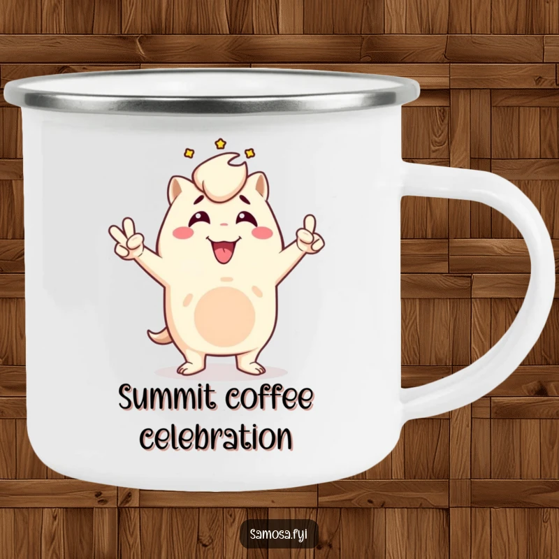 Funny samosa camping mug showing a triumphant samosa character in a victory pose, perfect for outdoor celebrations and rugged enjoyment, a rugged gift.