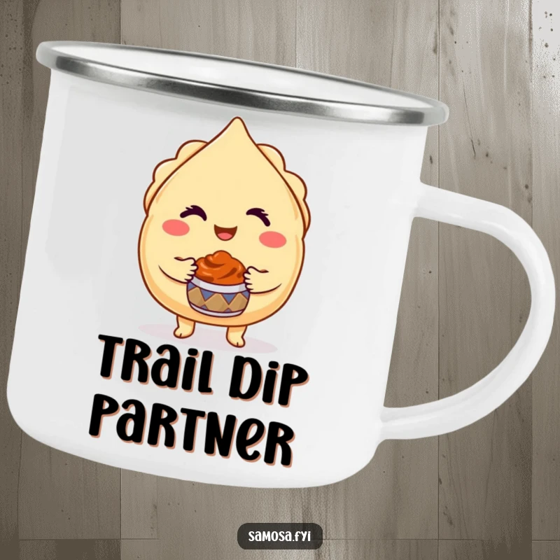 Funny Winking Samosa Camping Mug shows a cheeky samosa character winking and offering chutney, ideal for outdoor humor.