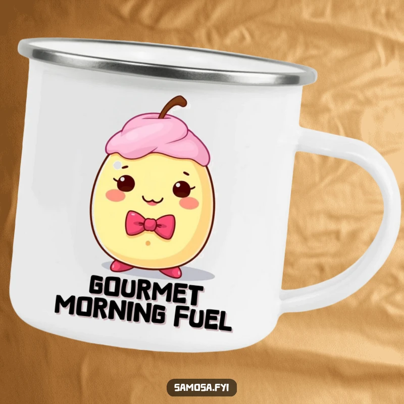 Funny camping mug with a dapper gulab jamun character in a bow tie, ready for outdoor adventures and sweet sips.