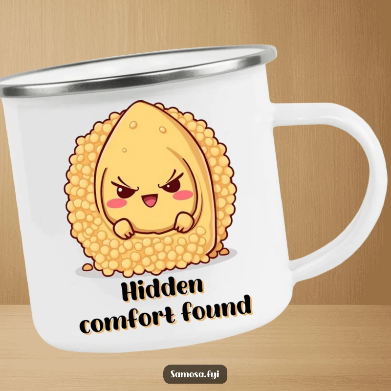 Funny samosa character with a mischievous grin, hiding behind a giant couscous grain, printed on a sturdy camping mug.
