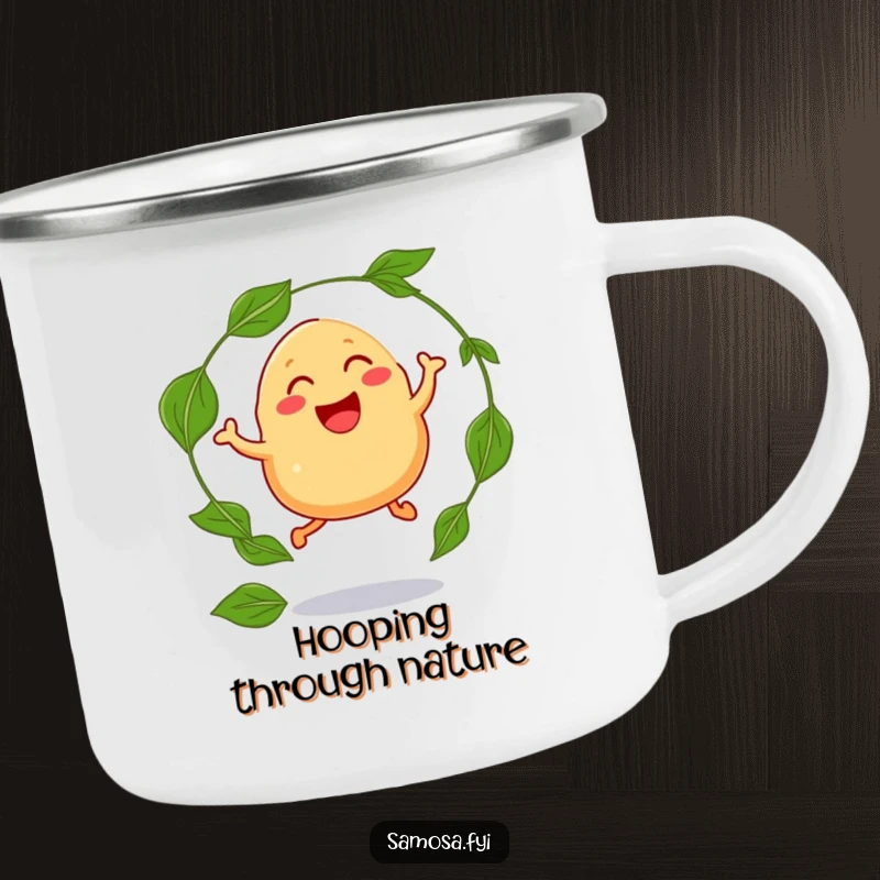Funny camping mug showing a laughing samosa with legs jumping through a hoop of curry leaves, ready for outdoor refreshment.