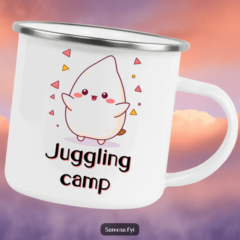 Funny Samosa Camping Mug featuring a samosa character skillfully juggling small triangles, ideal for outdoor tasks and humorous multitasking.