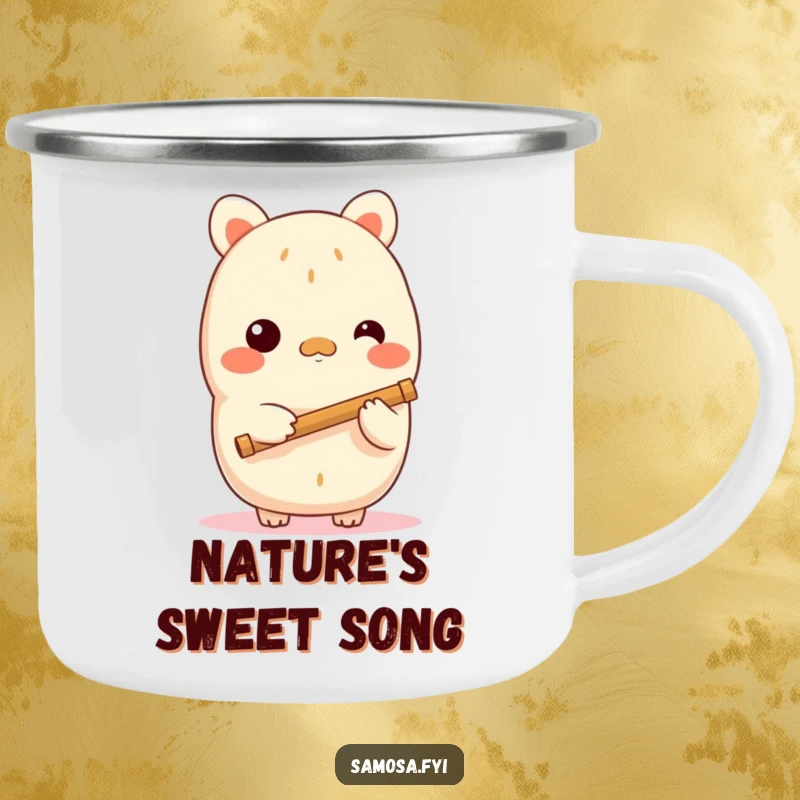 Funny samosa camping mug showing a shy samosa character holding a tiny flute, perfect for outdoor sipping and quiet enjoyment, a rugged gift.