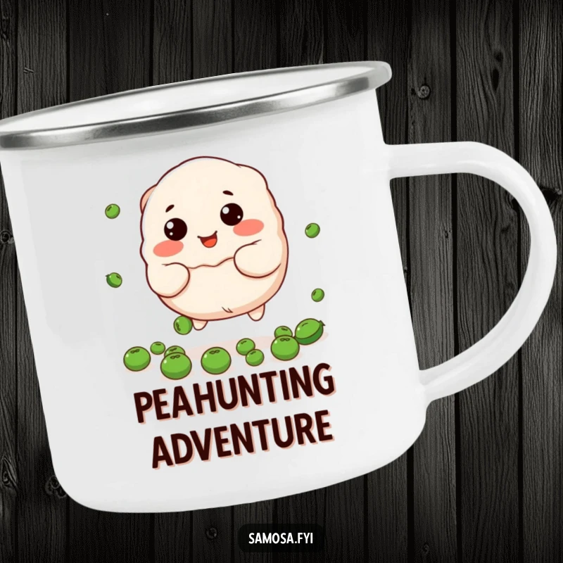 Funny dumpling camping mug showing the stuffed character trying to catch peas, bringing cute humor outdoors.