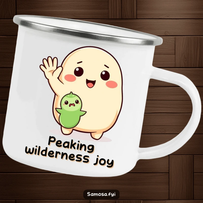 Funny Camping Mug with an enthusiastic samosa waving hello to a pea, a friendly and humorous companion for outdoor trips.
