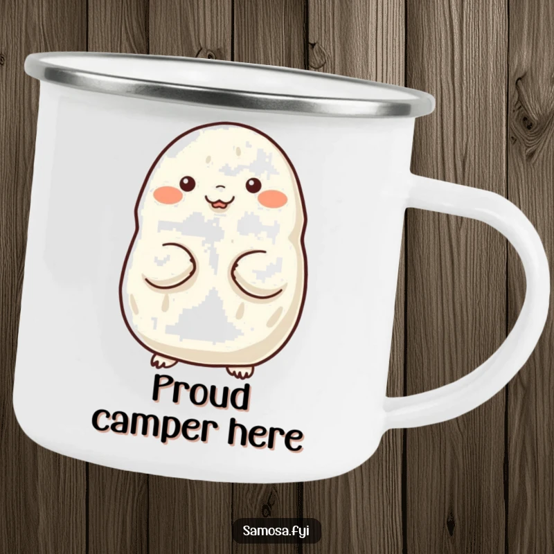 Funny camping mug with a samosa proudly puffing out its chest, perfect for outdoor enthusiasts and humor lovers.