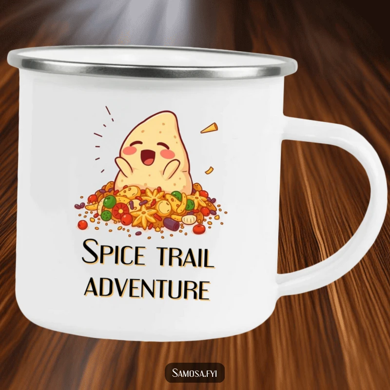 Funny samosa camping mug showing a giggling samosa character falling into spices, perfect for outdoor sipping and humorous spicy adventures, a rugged gift.