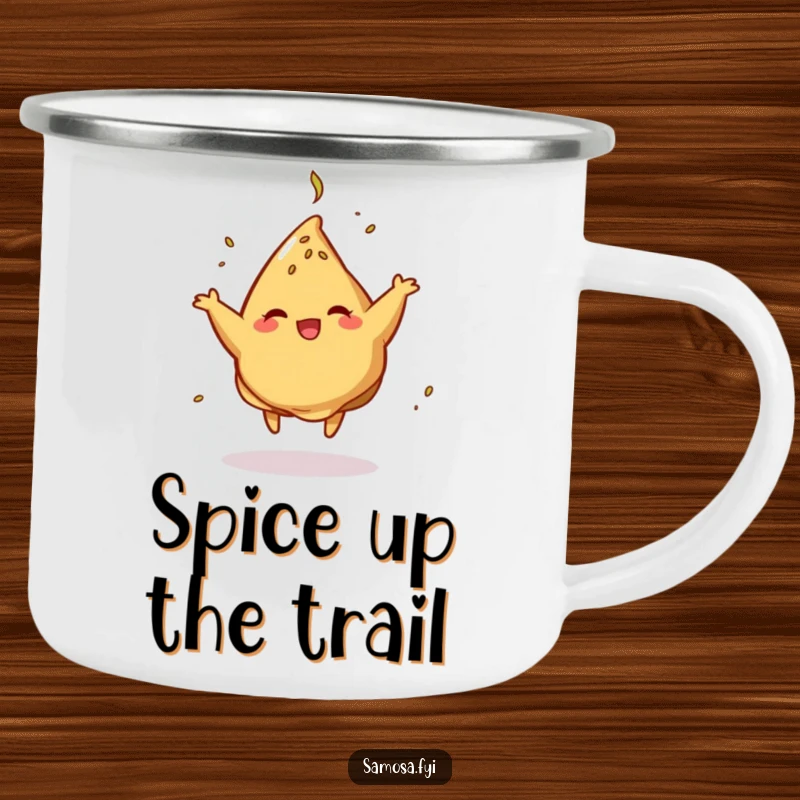 Funny Camping Mug showcasing a dancing samosa with cumin, ideal for outdoor enthusiasts who love humor and snacks.