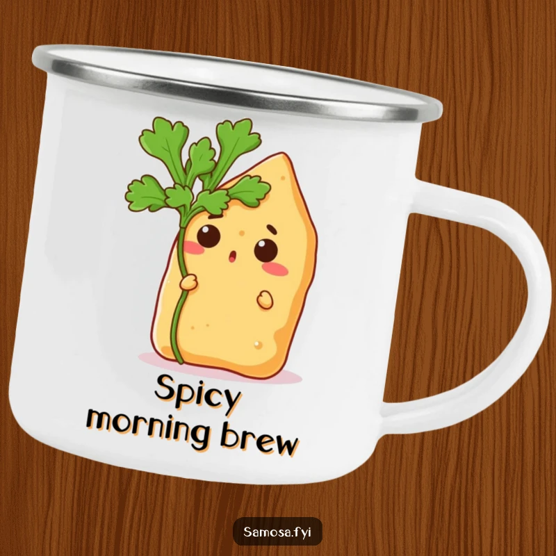 Funny camping mug featuring a surprised samosa peeking from behind a coriander leaf, ready for outdoor adventures and laughs.