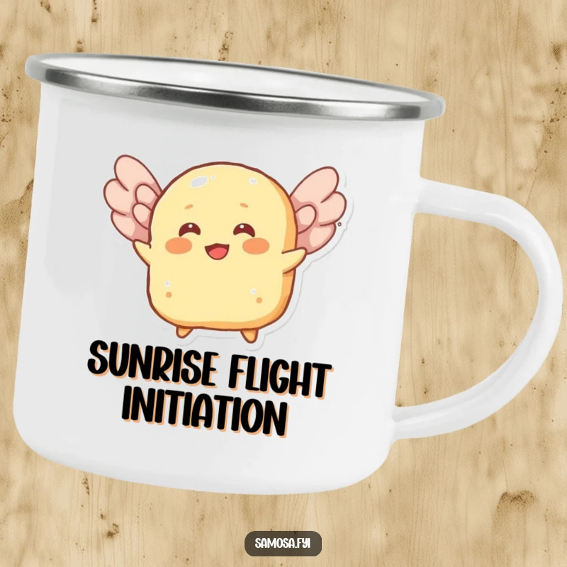 Funny camping mug with a cheerful roti character attempting to fly using its flaky layers as wings, perfect for outdoor beverages.