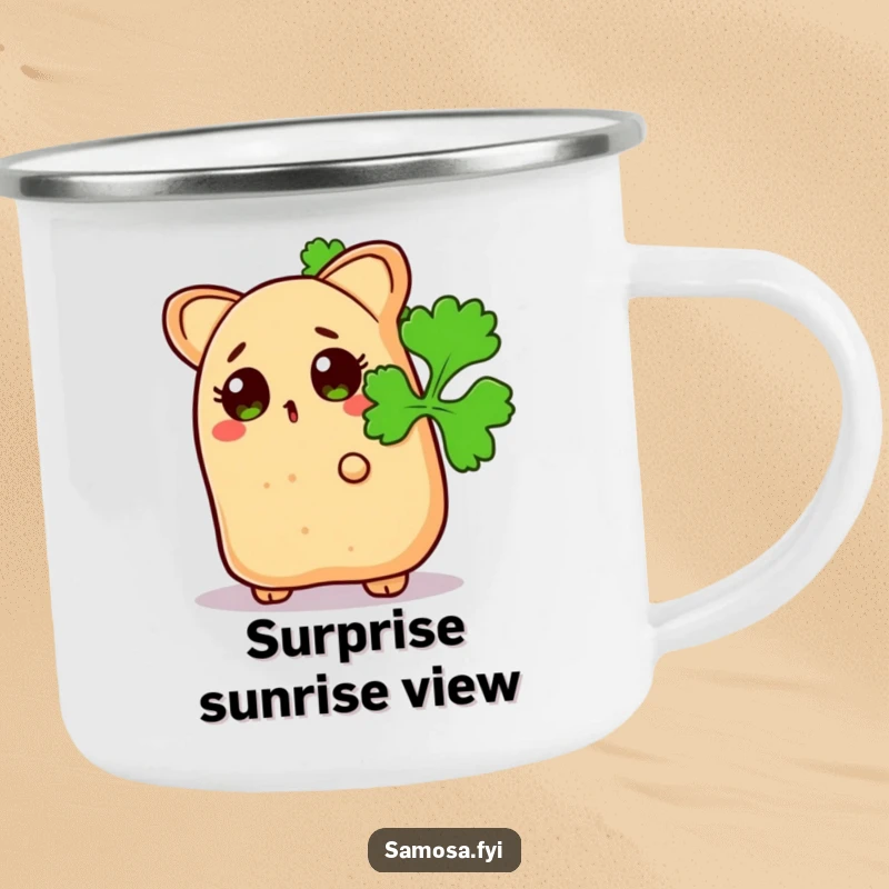 Funny Surprised Samosa Camping Mug: Durable mug showing a snack peeking from behind coriander leaves, great for outdoor enjoyment.