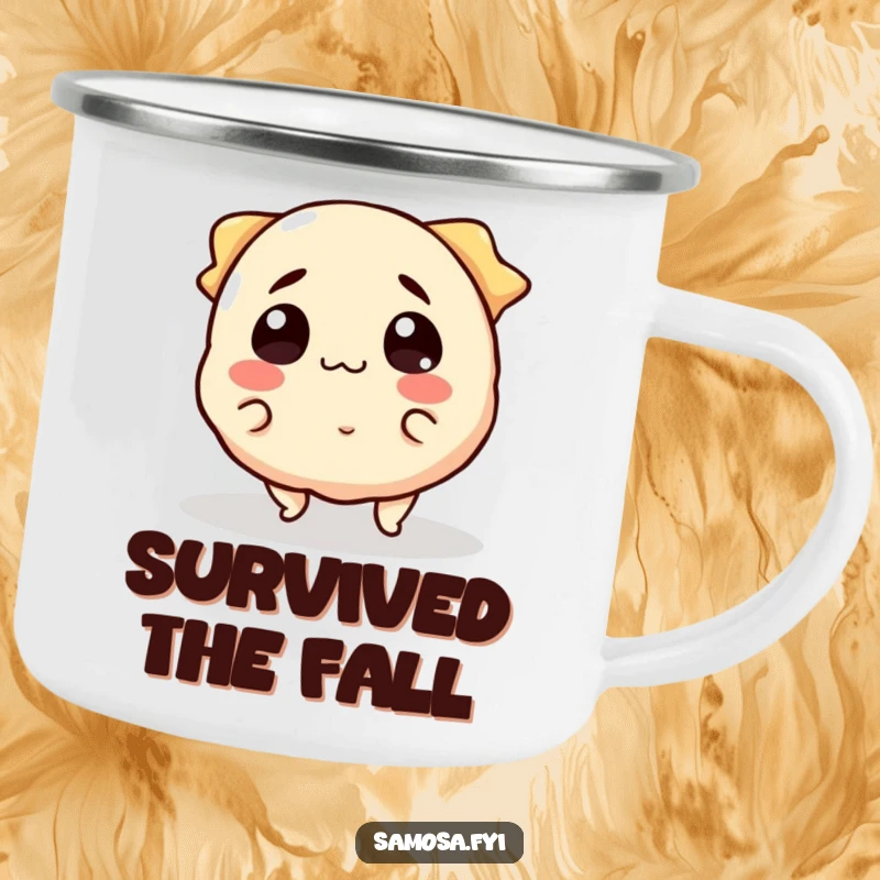 Funny Camping Mug showing a smiling samosa character comically tripping over its edges, surprised and ready for adventure.