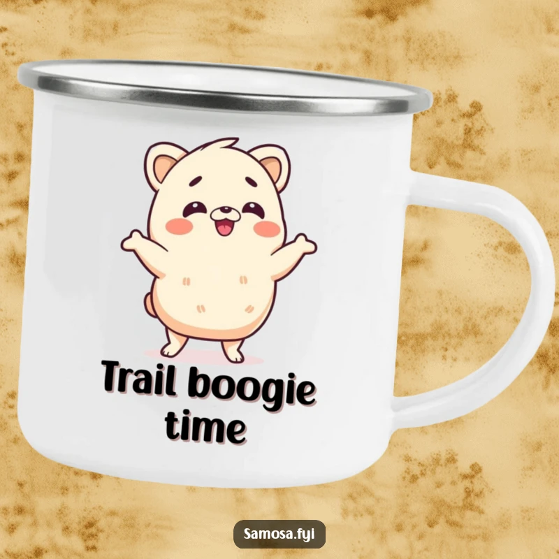 Funny samosa camping mug showing a samosa character doing a silly wiggle dance, perfect for outdoor sipping and humorous adventures, a rugged gift.