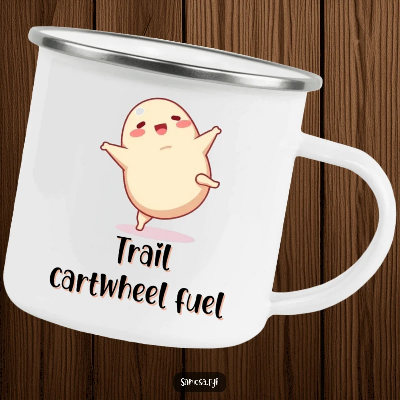 Funny Samosa Camping Mug: Sturdy enamel mug with a playful samosa doing a cartwheel, great for outdoor enthusiasts.
