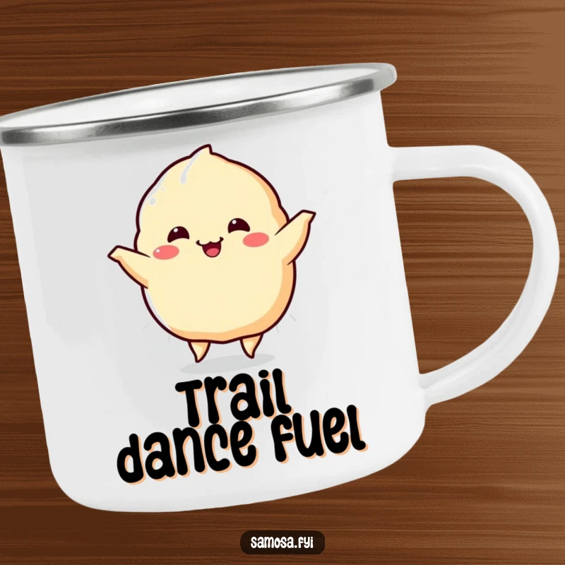 Funny Samosa Camping Mug displaying a samosa character doing a happy dance with wiggling sides, ideal for outdoor adventures and humor.