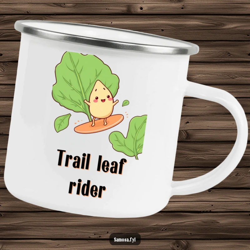 Funny camping mug showing a happy samosa with tiny legs surfing on a giant spinach leaf, ready for outdoor refreshment.