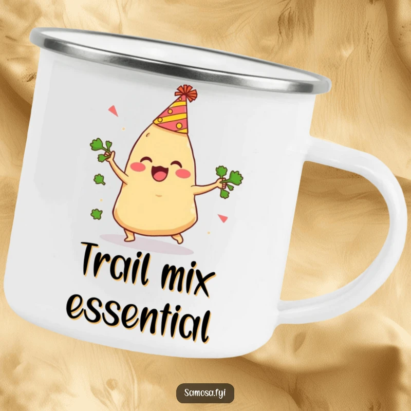 Funny Samosa Camping Mug shows a delighted samosa in a party hat comically tripping while juggling cilantro, perfect for campfire laughs.