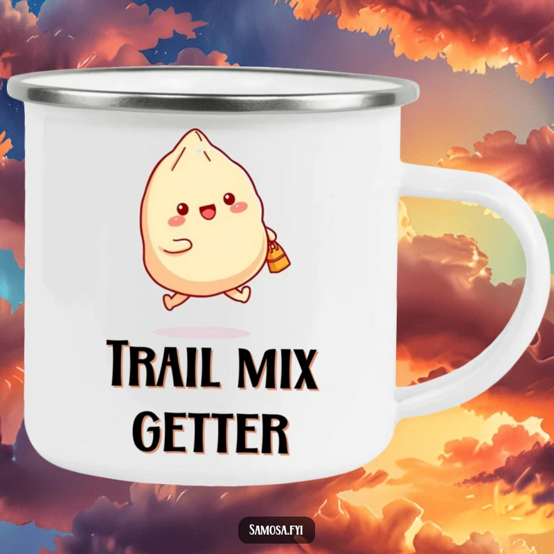 Funny camping mug with a samosa joyfully skipping with a small bag, perfect for outdoor enthusiasts and humor lovers.