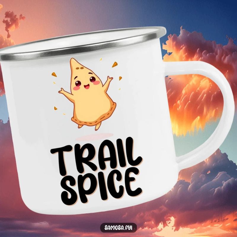 Funny camping mug depicting a dancing samosa, ideal for outdoor adventures and hot beverages.