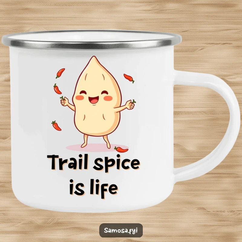 Funny Camping Mug: A smiling samosa juggles spicy chili peppers, ready for outdoor adventures and laughs.