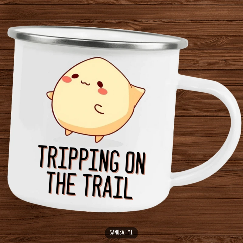 Funny Samosa Camping Mug depicting a samosa character comically tripping over its edges, perfect for outdoor adventures and laughs.