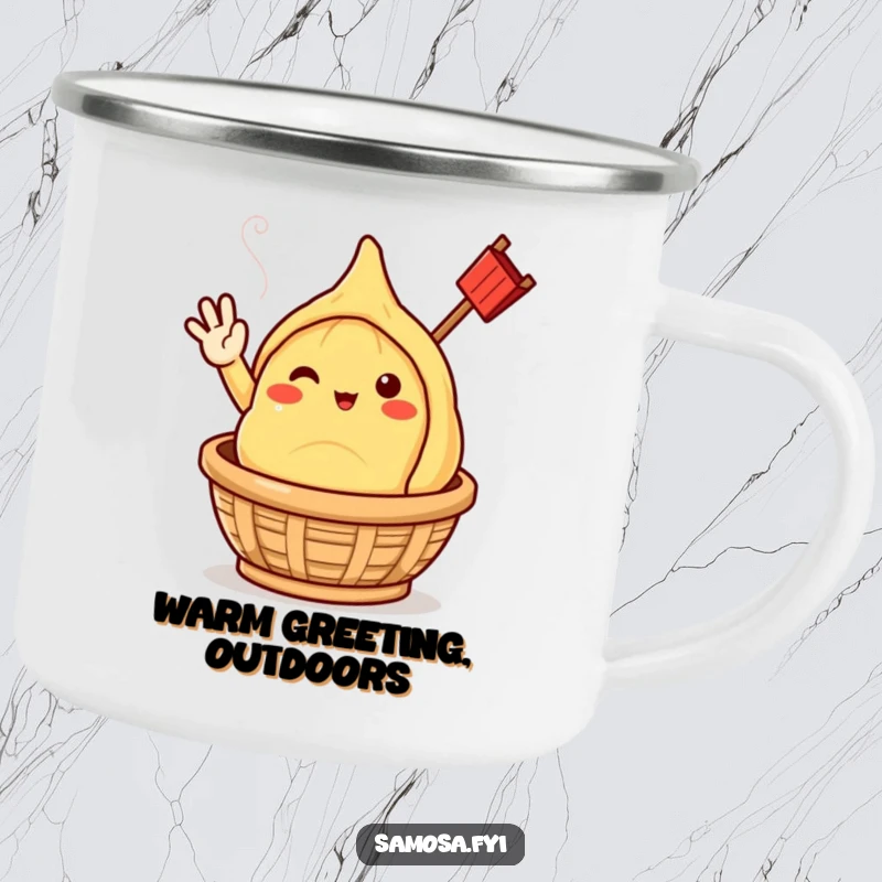 Funny samosa character cheerfully waving, emerging from a steaming basket, printed on a sturdy camping mug.
