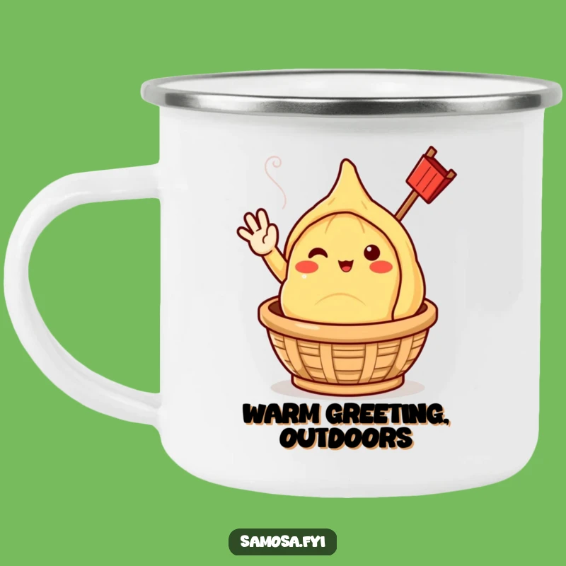 Funny Samosa Campfire Mug - Cheerful Steaming Character Outdoors