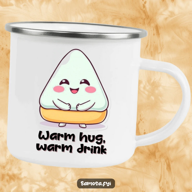 Funny Camping Mug with a smiling triangular pastry character giving a hug, perfect for outdoor use and sweet beverages.