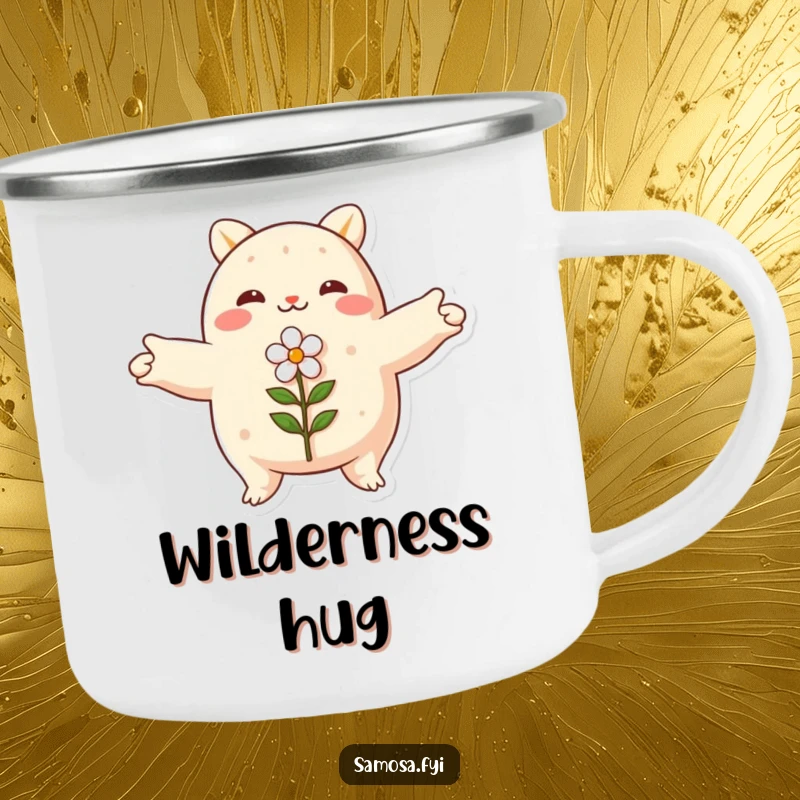 Funny samosa camping mug, arms spread wide, embracing a small flower, durable and peaceful, for outdoor fun.
