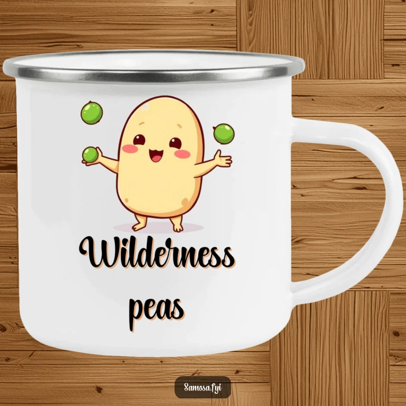 Funny camping mug featuring a happy samosa character juggling three tiny peas, perfect for cheerful outdoor sipping.