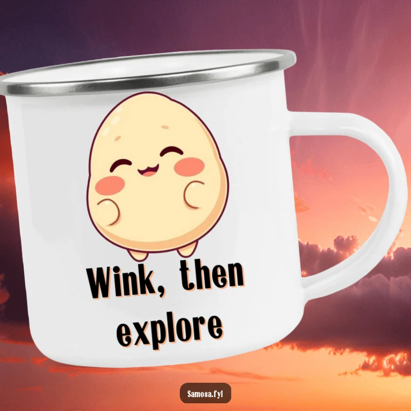 Funny camping mug showing a blushing samosa with a cheeky grin, playfully winking, ready for outdoor enjoyment.