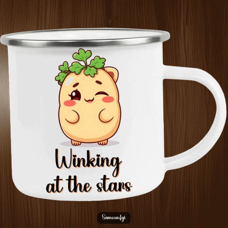 Funny Samosa Camping Mug with a mischievous samosa winking with a parsley hat, perfect for outdoor enjoyment and a funny gift.