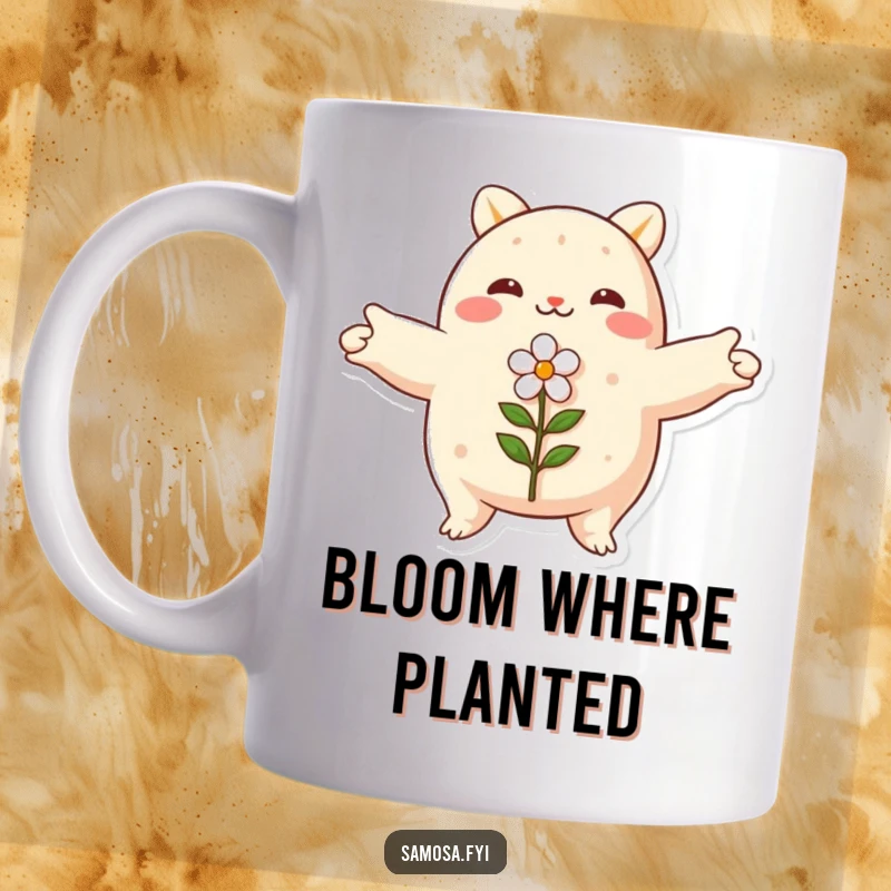Funny samosa mug, arms spread wide, embracing a small flower, peaceful and humorous nature-inspired snack art.